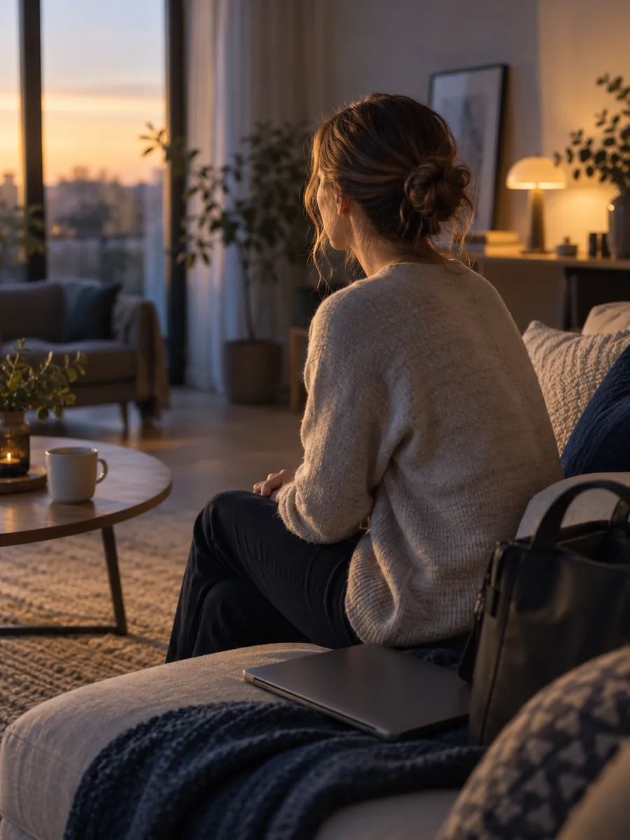 Frau sitzt am Abend ruhig auf dem Sofa, der zugeklappte Laptop liegt neben ihr
